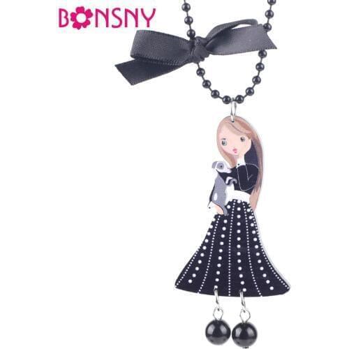 Bonsny Girls Black New 2016 Collar Pendant Long Chain Necklace Colorful Figure Acrylic Woman Jewelry Fairy Wings Accessories