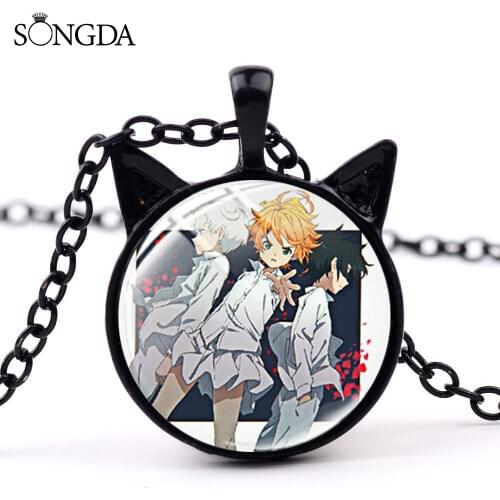 Anime The Promised Neverland Character Cat Ear Necklace Cartoon Photo Glass Cabochon Chain Necklace For Women Men Jewelry