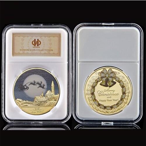 Merry Christmas Commemorative Coins 1.57" *0.12" With Round Box Festival Deer Present Gifts Souvenir Coin