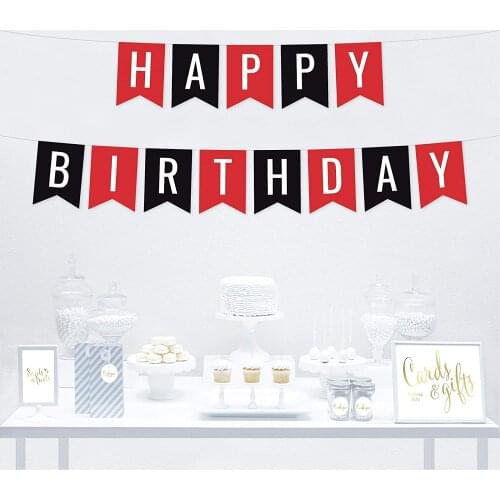 Hanging Pennant Banner Party Decorations Red Black Happy Birthday 1-Pack Approx 5-Feet Ladybug Girls Mickey Themed Decor