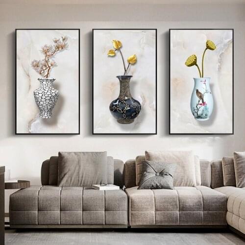 Chinese Style Simple Vase Canvas Painting Triptych Frameless Decorative Painting Modern Home Living Dining Room Painting Core