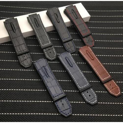 29*19mm Black Blue Brown cow real leather with Silicone watchband watch band for Hublot strap for king power series hub logo on