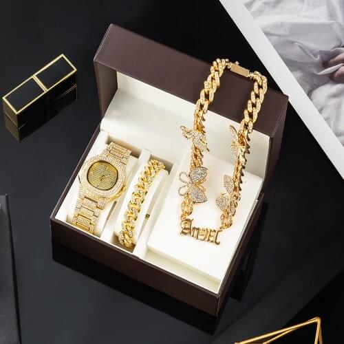 Luxury Women Watch Set Gold Watches Cuban Necklaces Bracelet Clavicle Chain Butterfly Rhinestones Bling Jewelry Sets Ladies Gift