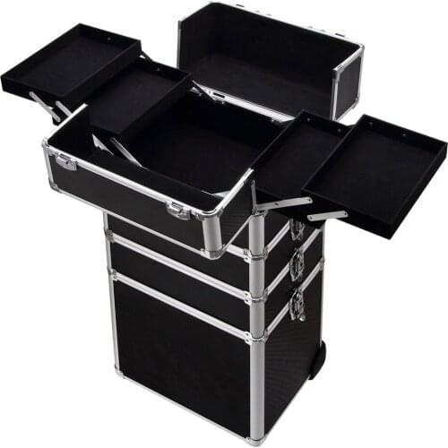 4-in-1 Draw-bar Style Interchangeable Aluminum cosmetic case organizer with wheels Black