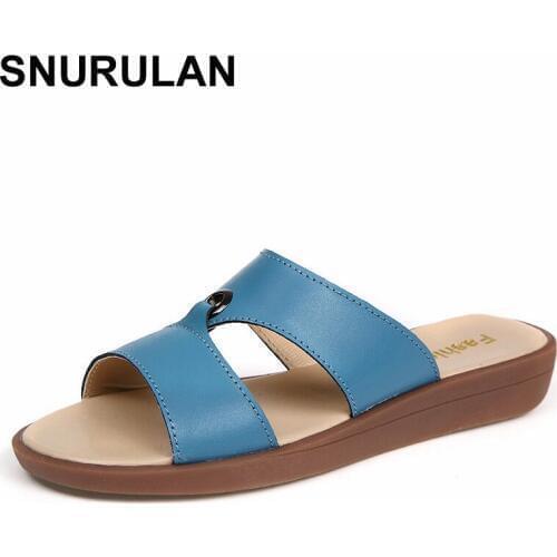 SNURULAN 2017 Casual Womens Sandals Real Cow Leather Flats Shoes Women Slip-On Summer Female Slides Leisure Beach Flip Flops