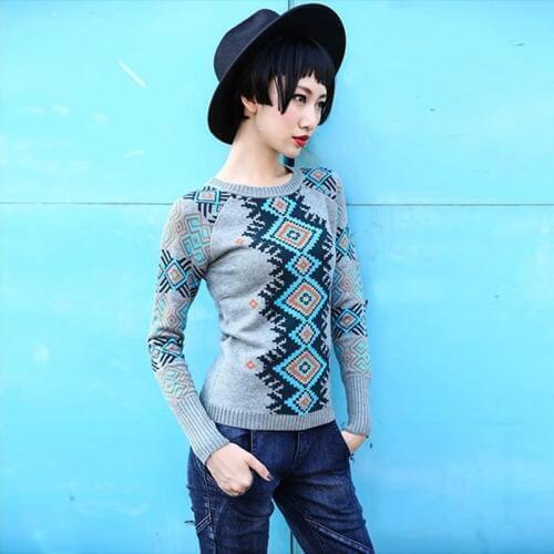 Womens Fall New Pope Geometric Pattern Jacquard sweater Slim Hedging Long-sleeved Oversized Pullover Sweaters Female cachemire