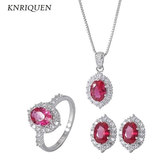 Charms 925 Sterling Silver Created Ruby Stone High Carbon Diamonds Necklace Earrings Ring Wedding Fine Jewelry Sets for Women