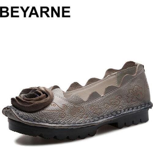 BEYARNE 2018 Handmade Genuine Leather Shoes flat Flowers Single Shoes National Wind Comfortable Soft Bottom Summer Peas Shoes