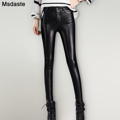 Women PU Leather Pants Bright Black Skinny Trousers Slim Hip Leggings High Waist New Autumn Female Elastic Tight Pencil Pants