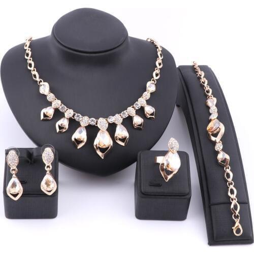 Women Fashion Wedding Crystal Dubai Indian Bridal Ethiopian Turkish Costume Necklace Bracelet Earring Ring Jewellery Set
