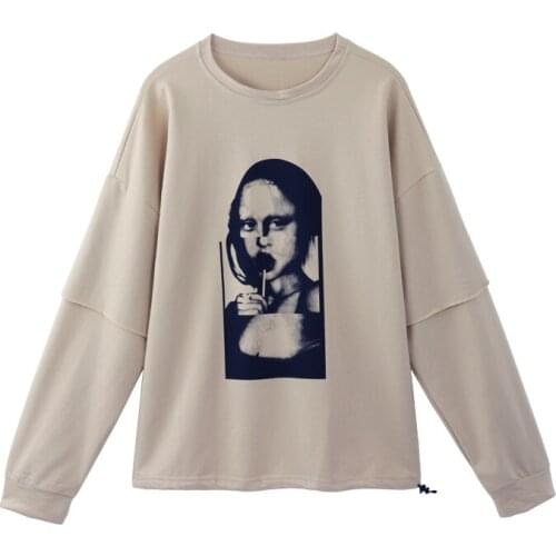 Autumn new style Korean loose print fake two-piece hooded long-sleeved sweatshirt women