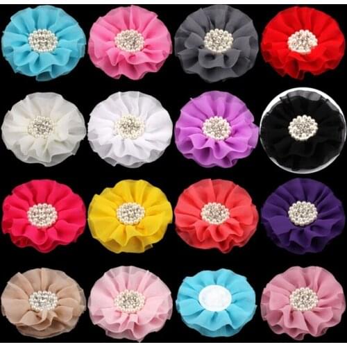 10pcs/lot 4" 15colors Hair Clips Chiffon Flower+Rhinestone Pearl Button For Hair Accessories Fabric Flowers For Headbands DIY