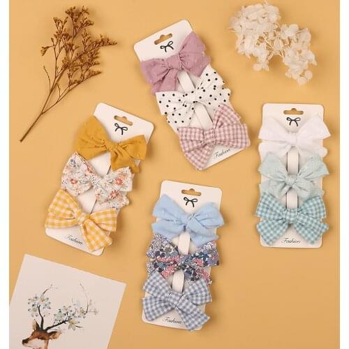 3Pcs/Set Cotton Linen Flower Print Hair Bow With Cloth Covered Clips Sweet Plain Solid BB Barrettes Hairpins Fashion Headwear