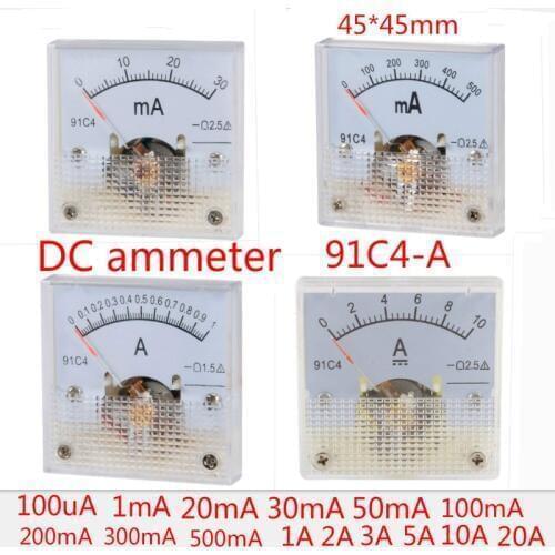 91C4-A 1A 2A 3A 5A 15A 20A 30mA 500mA 50mA Analog Current Panel Meter DC 10A Ammeter for Circuit Testing Ampere Tester Gauge