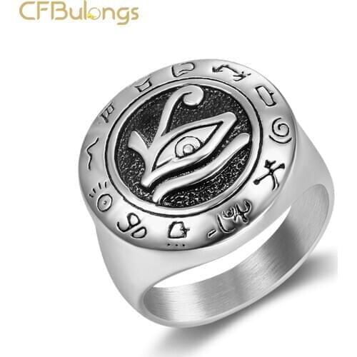 CFBulongs Cool Gold Stainless Steel Egyptian Eye of Horus Mens Ring Lucky Amulet Antique Silver Color Fashion Jewelry