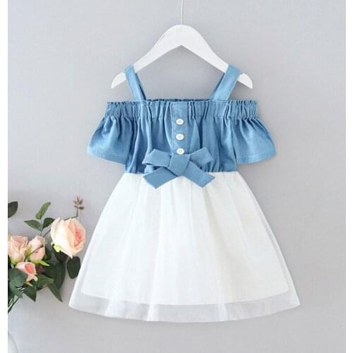 Child Girl Clothes Princess Dress 2021 Summer New Fashion Kids Costume One Word Collar Straps Mesh Stitching Vestidos 2-6 Years