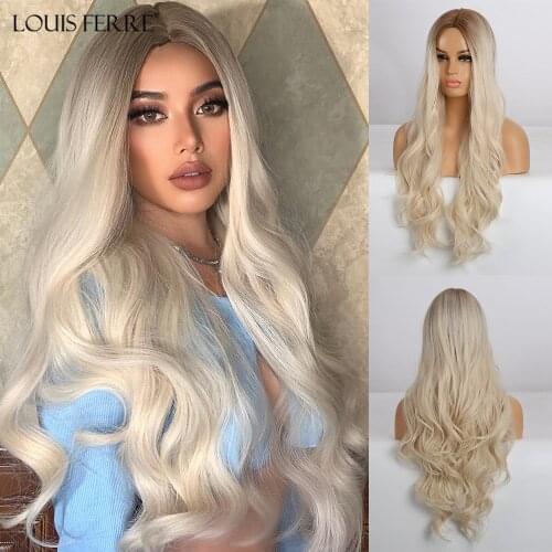LOUIS FERRE Long Ombre Brown Light Blonde Synthetic Wigs Middle Part Water Wave Cosplay Wig For Black Woman Heat Resistant Fibre