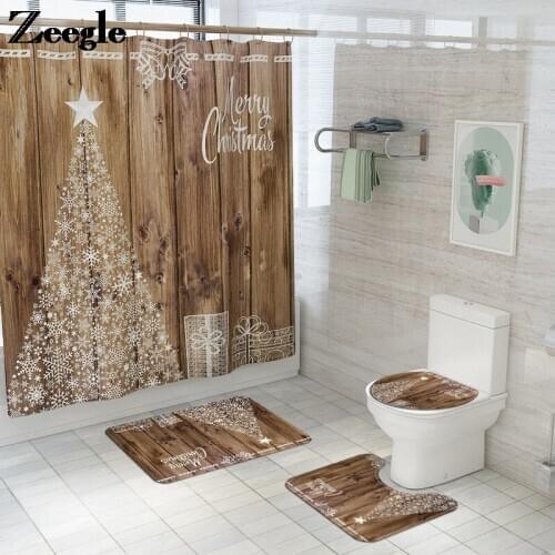 Europe Style Bath Mat and Shower Curtain Set Christmas Bathroom Carpet Flannel Absorbing Bathroom Rug Toilet Foot Mat Bath Rug