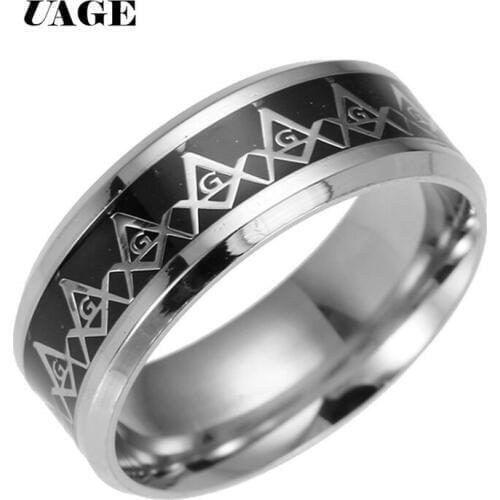 UAGE Vintage Black Stainless Steel Men Ring Big Free Mason Freemasonry Masonic AG Retro Punk Silver Color Titanium Male Jewelry