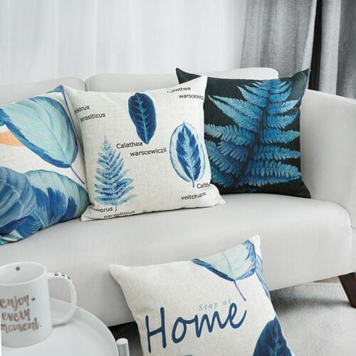 Cushion Cover Pillow Case Watercolor Blue Leaves Fern Patterned Plants For Sofa Seat Simple Home Decor 45*45cm Pillow Cover