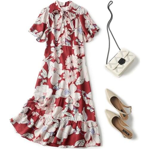 Summer autumn New Mulberry silk Dress Women Bow Tie Red Printed slim looks thin long skirt lady one-piece
