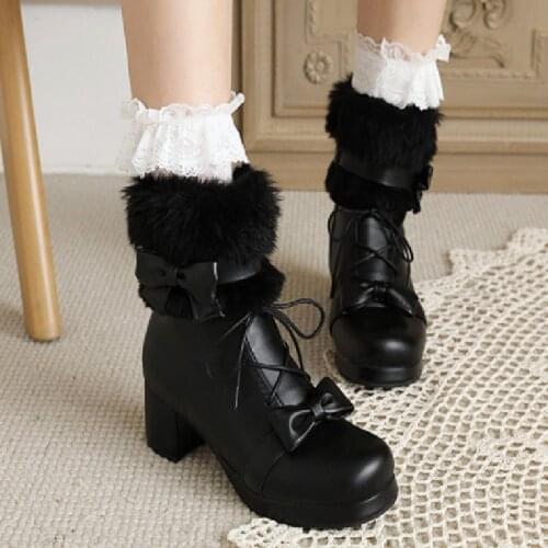 Shoes lolita shoes women lolita Style fashion Mary Jane Shoes Women Butterfly-knot Vintage Girls High Heel plush size30-44 black