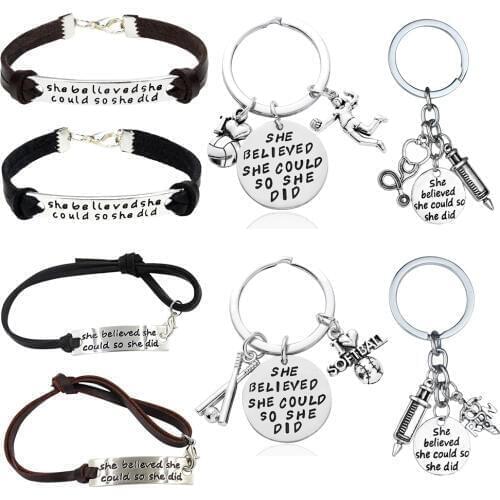 She Believed She Could So She Did Round Pendant Charm Keyrings Alloy/ Stainless Steel Keychains Jewelry Inspirational Key Rings