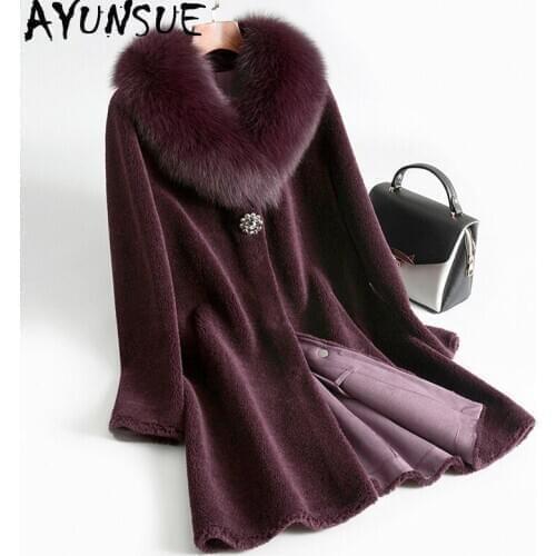 AYUNSUE Real Fur Coat Female Sheep Shearling Fox Fur Collar Wool Coats 2020 Winter Jacket Women Korean Outwear Suede Lining