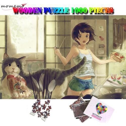 MOMEMO Girl and Cat Puzzle 1000 Pieces Adults Wooden Jigsaw Puzzles Relax Brain Puzzle Toys Cartoon Puzzle 1000 Piezas Adulto