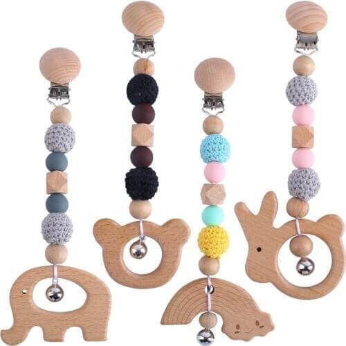 Newborn Baby Teether Toys Chain Babies Pendant for Animal Silicone Nursing Accessories Teethers Wooden Toy Rattles For Kids