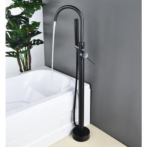 Vidric Black Bathroom Floor Stand Faucets Bathtub Faucet Oil Rubble Bronze Free Standing Bath Faucet Hot Cold with Hand Shower E