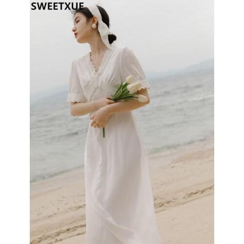 SWEETXUE 2021 Women Summer Vintage Elegant Fashion Temperament V-neck Chic Sweet Fairy Holiday Dress Female Vestidos