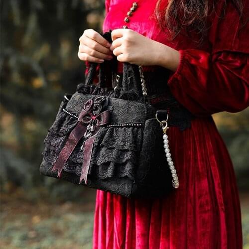 Vintage Royal Court Trend Gothic Lolita Black Lace Pearl Chain Tote Bag