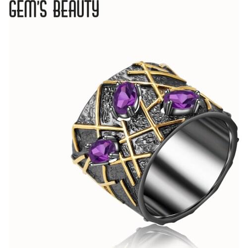 GEMS BEAUTY 925 Sterling Silver 18K Gold Filled Rings For Women Unique Three-Stone with Natural Amethyst Handmade Rings