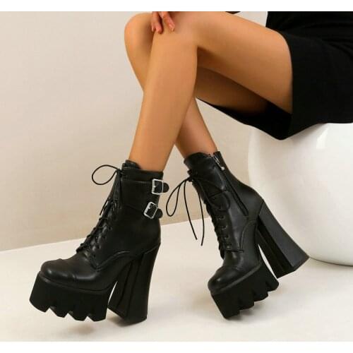 New Ladies Knight Boots Street Style Handsome Belt Buckle Mid Calf Boots Super High Heel Platform Lace Up Zipper Womens Shoes