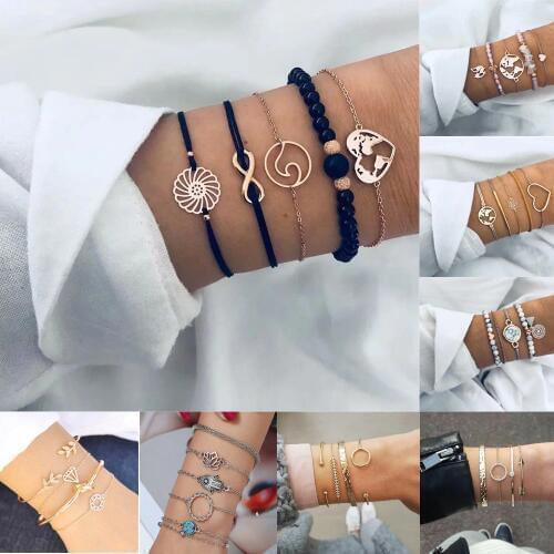 HOCOLE Charm Chain Bracelets For Women Heart Bead Bohemian Gold Metal Bangle Strand Bracelet Sets Fashion Party Jewelry Gifts