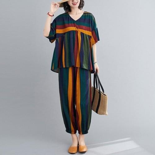 2 Piece Sets Women Cotton Linen Casual Suits New 2021 Summer Vintage Style Colorful Striped V-neck T Shirt + Pants Loose Outfit