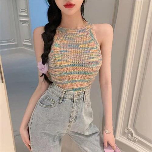 Summer Women Colorful Knitted Halter Camisole Slim Retro Female Slim Short Sleeveless Tank Tops Fashion Crop Top Club Streetwear