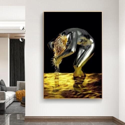 Golden Liquid Black Nude Woman Canvas Painting Wash Hair Posters and Prints Scandinavian Wall Art Pictures for Living Room Decor