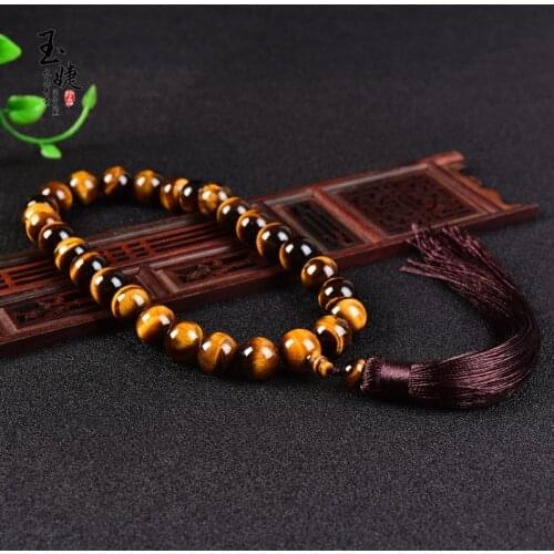 100% real tigers eye 14mm 28 beads bracelets for women men bracelet with tassel prayer rosaries bracelets natural stone bangle