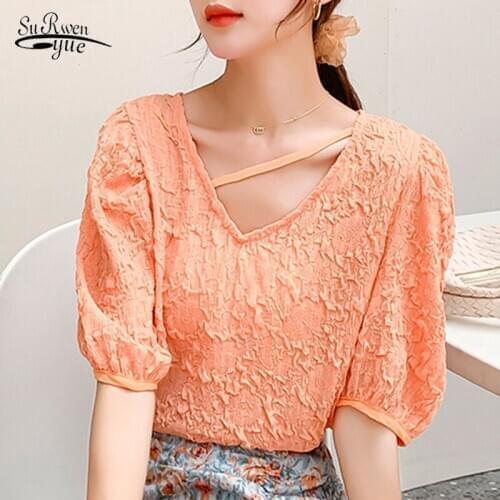2020 Summer New Puff Sleeve V-neck Chiffon Shirt Female Korean All-match Solid Shirt Loose Top Chemisier Femme Blusas 10057