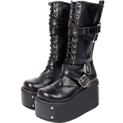 Angelic imprint handmade Women motorcycle cool punk boots lady lolita wedges shoes girl Gothic high heels pumps rivets 33-47