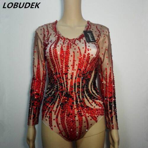 Red Crystals Bodysuit Female costumes Bar singer DJ DS Costume sexy high-leg bodysuit Nightclub jazz performance dance catsuit