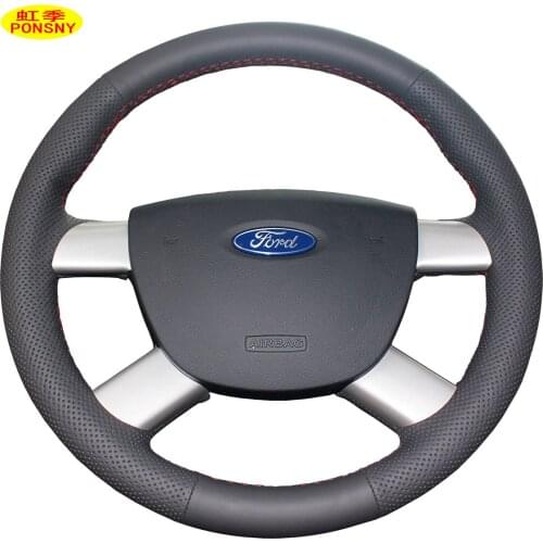PONSNY Artificial Leather Car Steering Wheel Covers Case for Ford Focus 4-spokes Hand-stitched Steering Black Cover