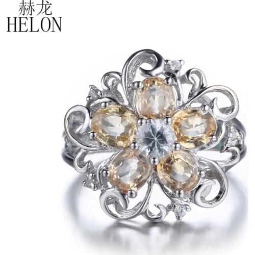 HELON Solid 10k White Gold Flawless Genuine White Topaz Citrine Diamonds Engagement Wedding Ring Flower Gemstone Fine Jewelry
