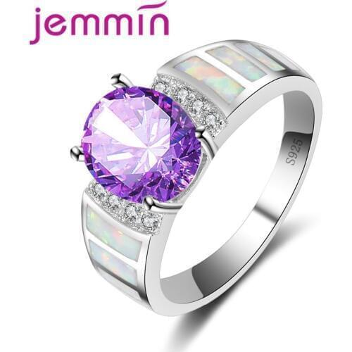 Sweet Round Ship White Fire Opal Ring with Purple CZ Crystal Fashion Jewelry Women Silver Color Opal Rings Size 6 7 8 9