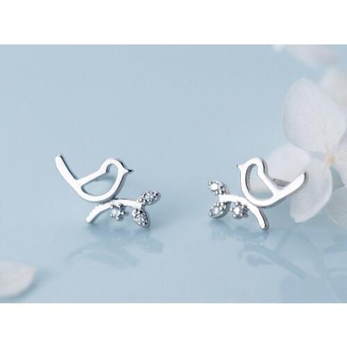 MloveAcc 925 Sterling Silver Bird Earrings for Women Female Luxury Branch Stud Earrings Bijoux Femme Gifts