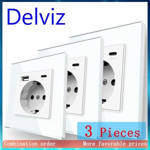 Delviz Wall Type C charging port, EU standards Socket With USB Ports, AC 110V-250V Power Outlet, White Tempered glass USB Socket