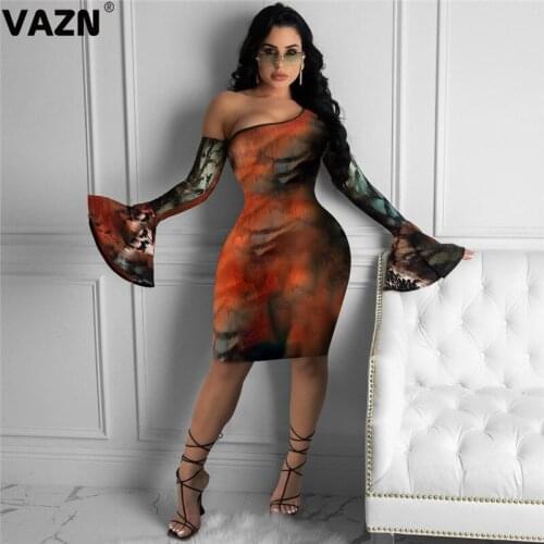 VAZN 2020 New Special Sexy Elastic Young Sweet Fashion One Off Shoulder Full Sleeve Women High Waist Thin Midi Dress