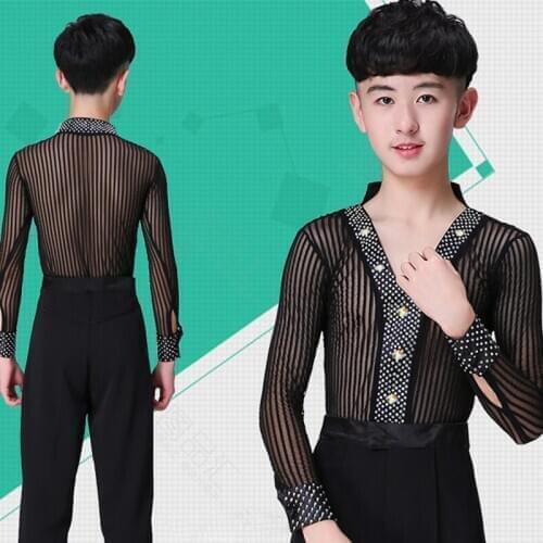 New Elastic Perspective Latin Tops Boys Costume Dance Practice Wear Black Top Tango/Ballroom Competition Latin Dance Boys VDB723
